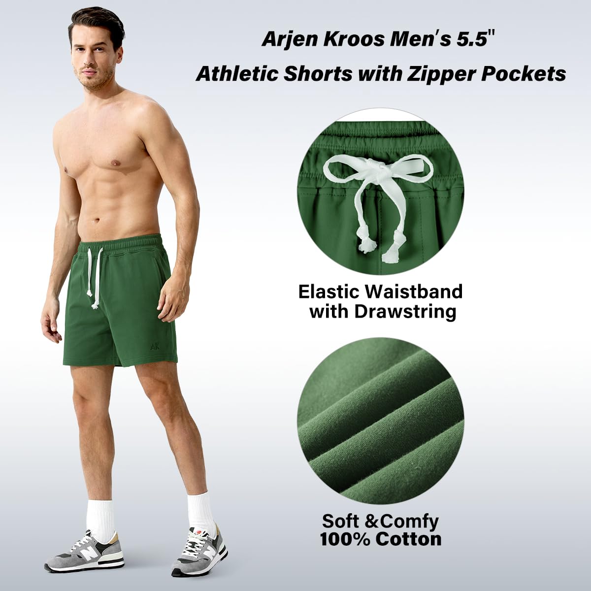 Arjen Kroos Men's Sweat Cotton Shorts 5 Inch Running Shorts with Zipper Pockets,Army GREEN-AK2218,Large