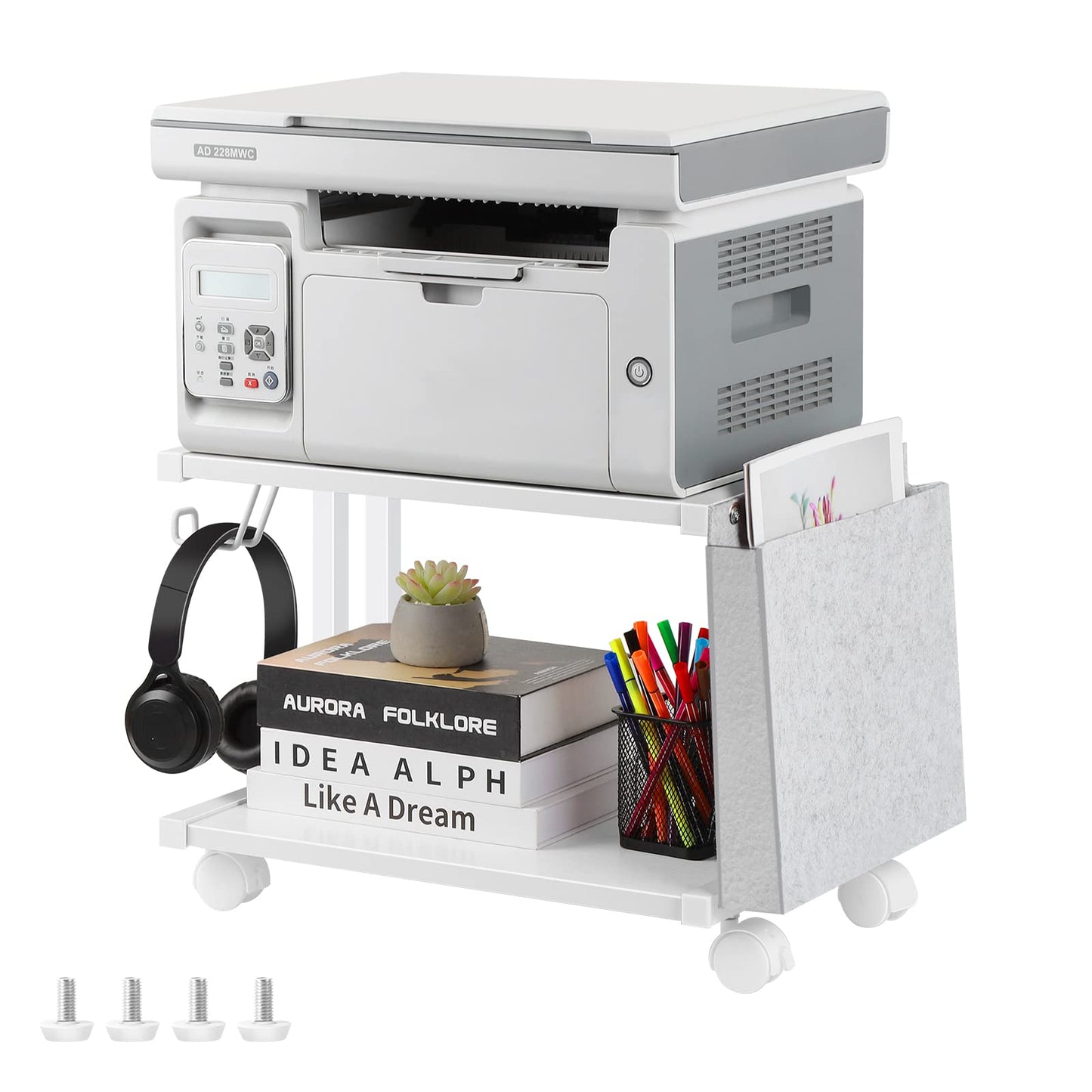 Printer Stand Under Desk Printer Table with Wheels 2 Tier Small Printer Cart with Storage Bag Desktop White Printer Stands for Home Office Fax Machine Scanner Files (White)