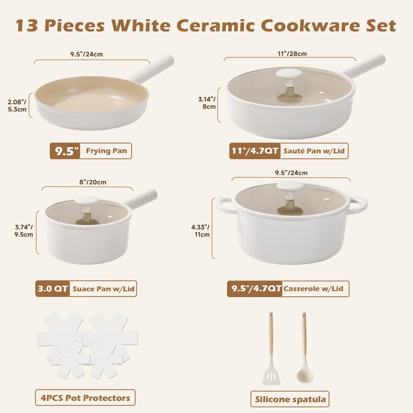 JEETEE Ceramic Cookware Set, 13 Pcs Pots and Pans Set Nonstick with Rotation Removable Handles, Healthy Non-Toxic Cooking Set for All Stoves, Stackable Pots Pans, Oven Safe, PFOA/PFOS Free, Cream