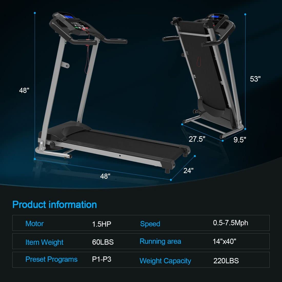 HomJoones Home Foldable Treadmill with Incline, Folding for Workout, Electric Walking Machine 15 Preset or Adjustable Programs 250 LB Capacity MP3 Black, 48/''*24/''*48/''
