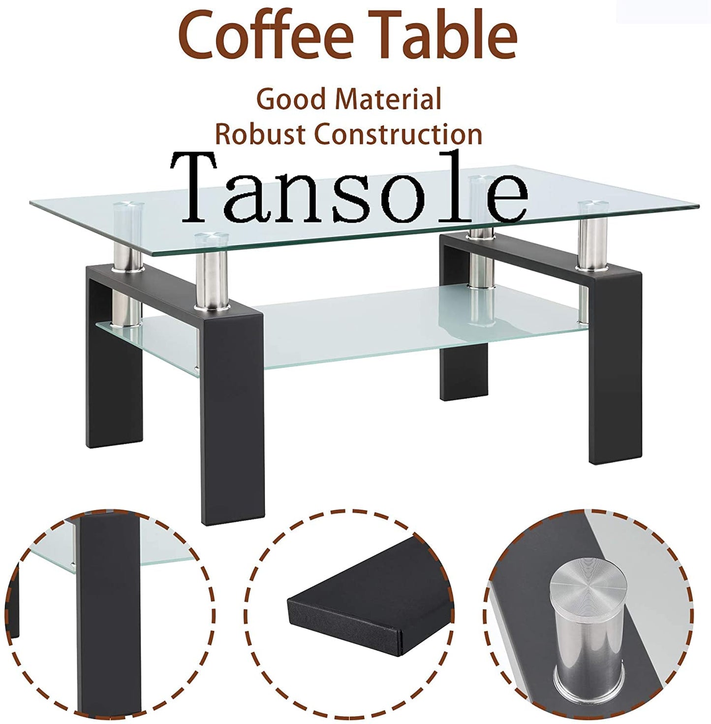 Rectangle Tempered Glass Coffee Table, Metal Leg Glass Tables for Living Room, Coffee Table for Home Office or Conversation Leisure Occasions, Rectangle Glass Table