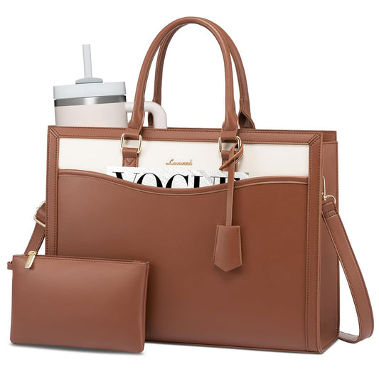 LOVEVOOK Laptop Tote Bag for Women, Leather Office Work Bag Briefcase fit for 15.6 inch Laptop, Large Teacher Computer Bag Handbag,2pcs Set Leather/Brown-White