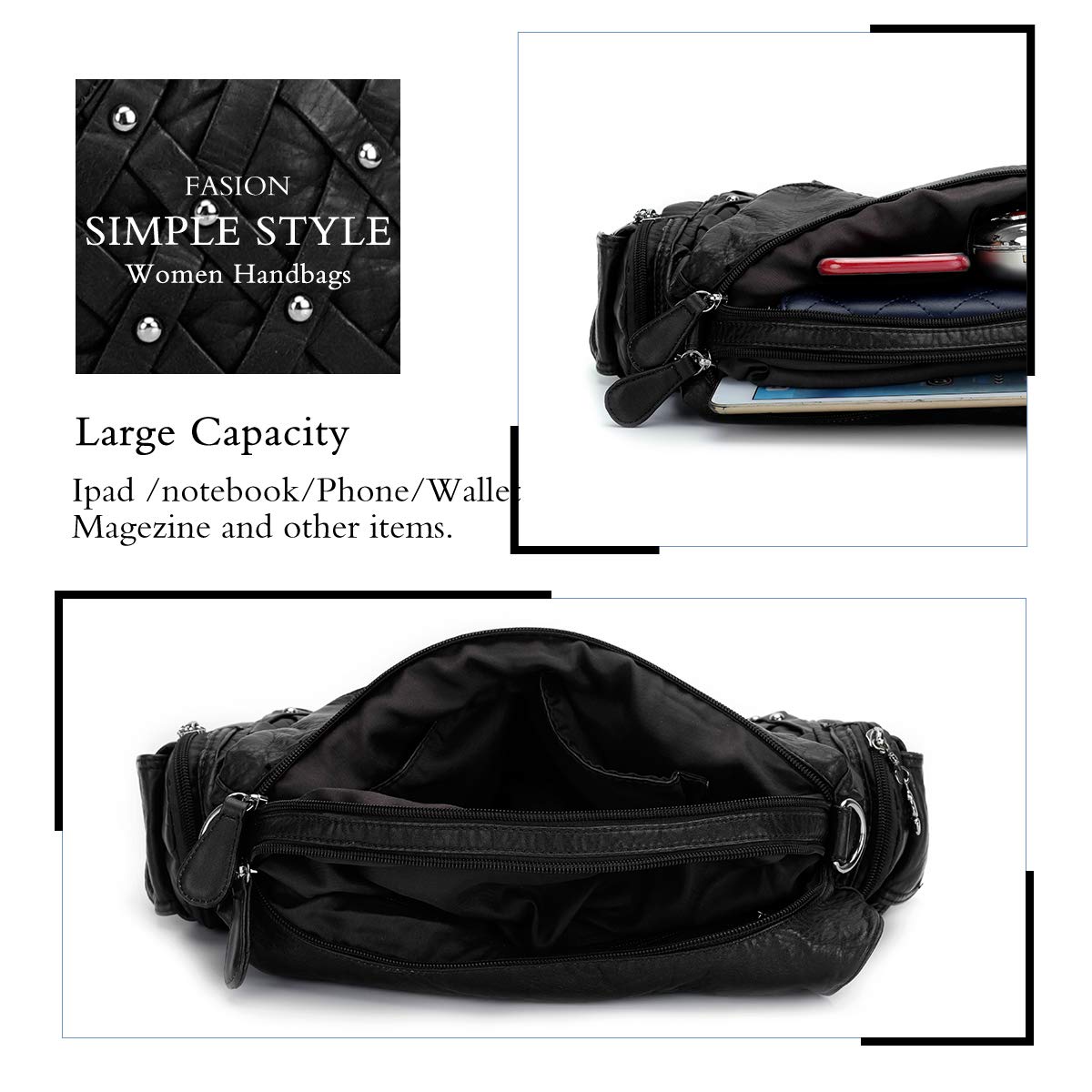 Angel Barcelo Roomy Fashion Hobo Womens Handbags Ladies Purse Satchel Shoulder Bags Tote Washed Leather Bag Black