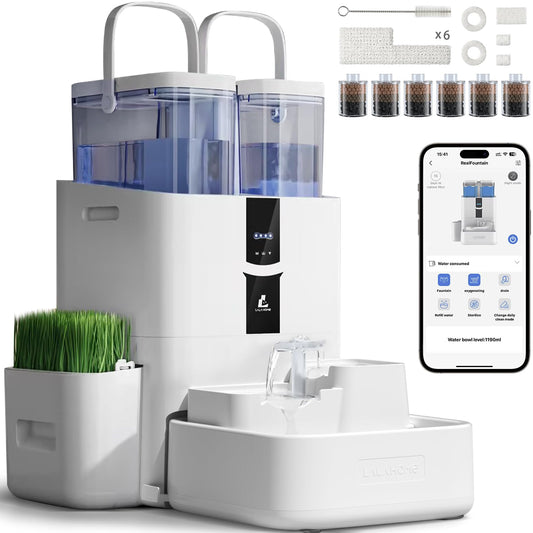 LALAHOME Automatic Cat Water Fountain 10L/338oz Self Filling and Cleaning, Pet Water Dispenser with Filter System for Dogs, 5G Wi-Fi Smart Bowl Wastewater Separation & No Slimy with Quiet Pumps