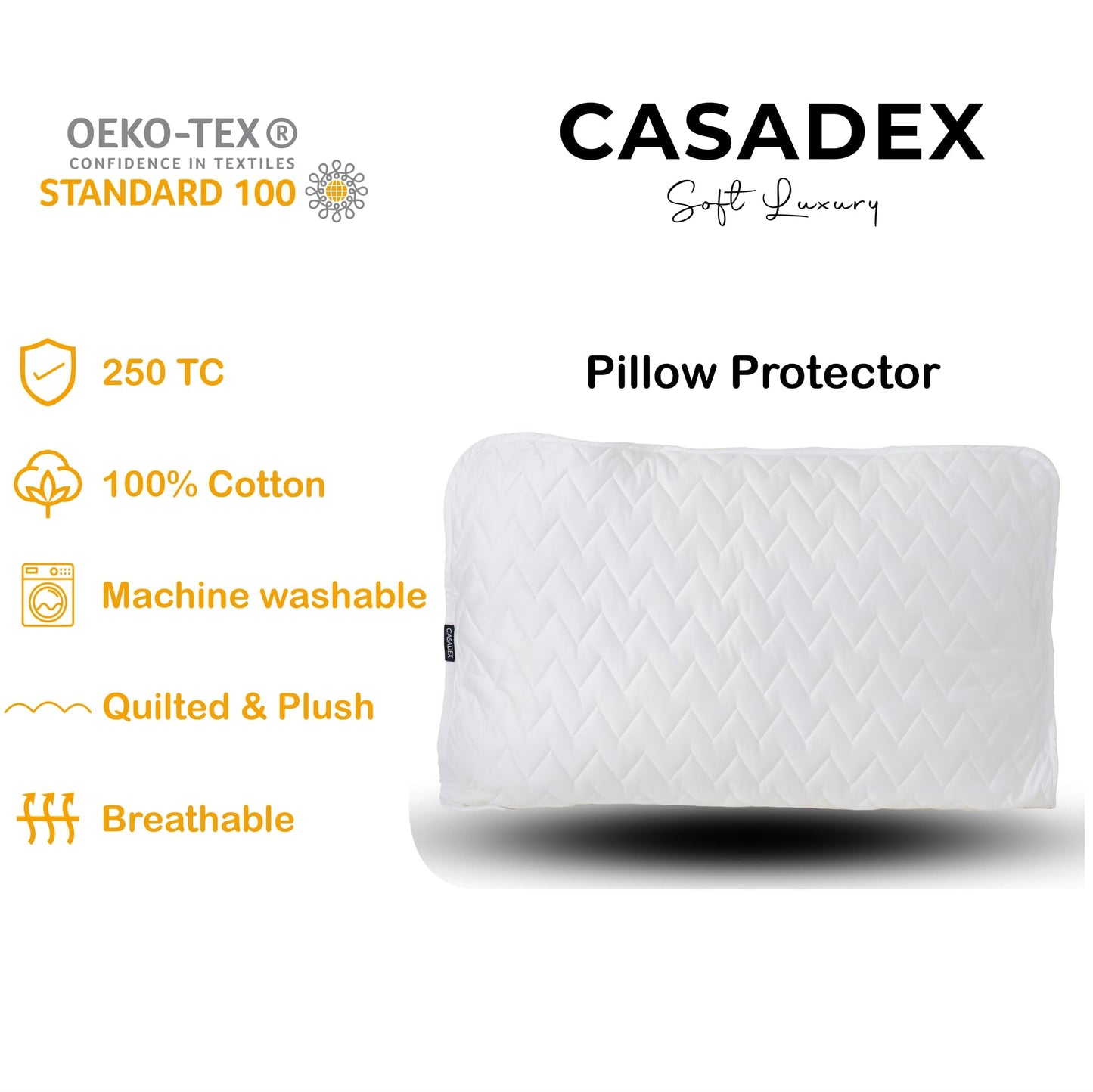 CASADEX 250TC Quilted Cotton Bed Pillow Cover – Adjustable Band, Breathable & Hypoallergenic Pillow Protector – Fits Standard, Queen, Memory Foam & Contour Pillows – No Zipper – White/Dark Gray