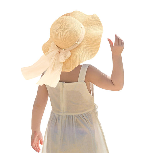 Kunyeah Kids Girl Summer Straw Hat Foldable Wide Brim Cap Sun Visor Hats Sun Protection Beach Hats Bowknot Floppy Cap
