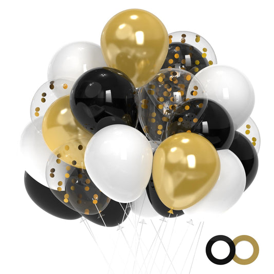Black and Gold Balloons,50pcs 12 Inch Black White Gold Confetti Balloons Set,Black Gold Latex Balloons for Graduation Birthday Wedding Anniversary Party Decorations