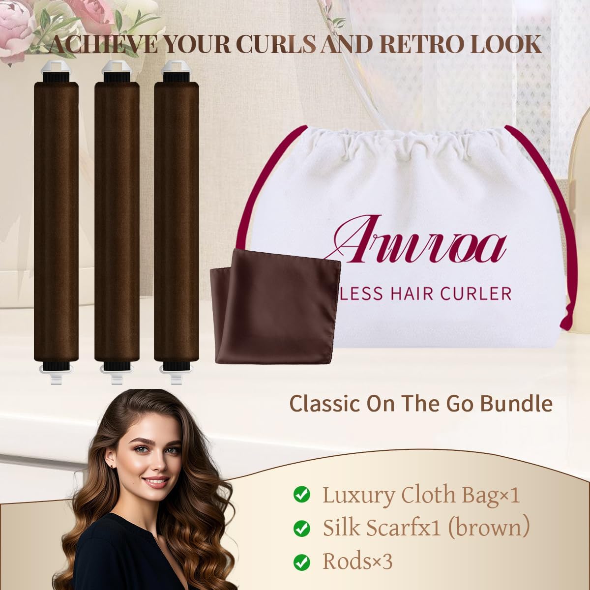 Heatless Hair Curler Heatless Curls Overnight Heatless Blowout with Luxury Cloth Bag Silk Scarf, Curling Rod Headband to Sleep in No Heat Curling with (Brown, 3Rods)