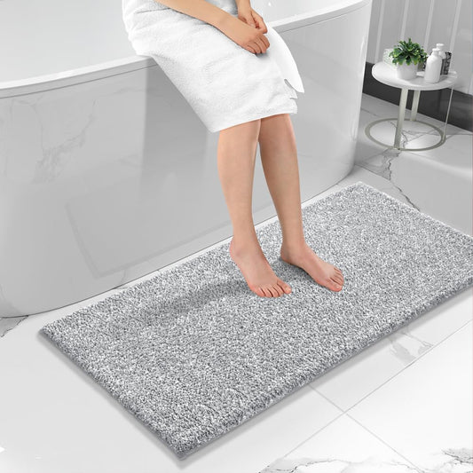 Yimobra Bathroom Rugs Non Slip Washable, Extra Soft Comfortable Bath Mat, Water Absorbent Thick Floor Mats, Shaggy Rugs for Shower Bathtubs, 24"x17", Grey&White