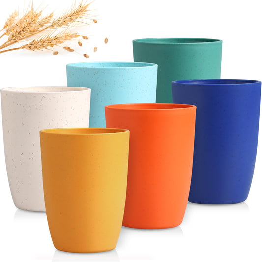 12 OZ Wheat Straw Cups Reusable Drinking Tumblers, Unbreakable Cups for Kitchen - BPA Free, Dishwasher Safe, Set of 6, Multicolor