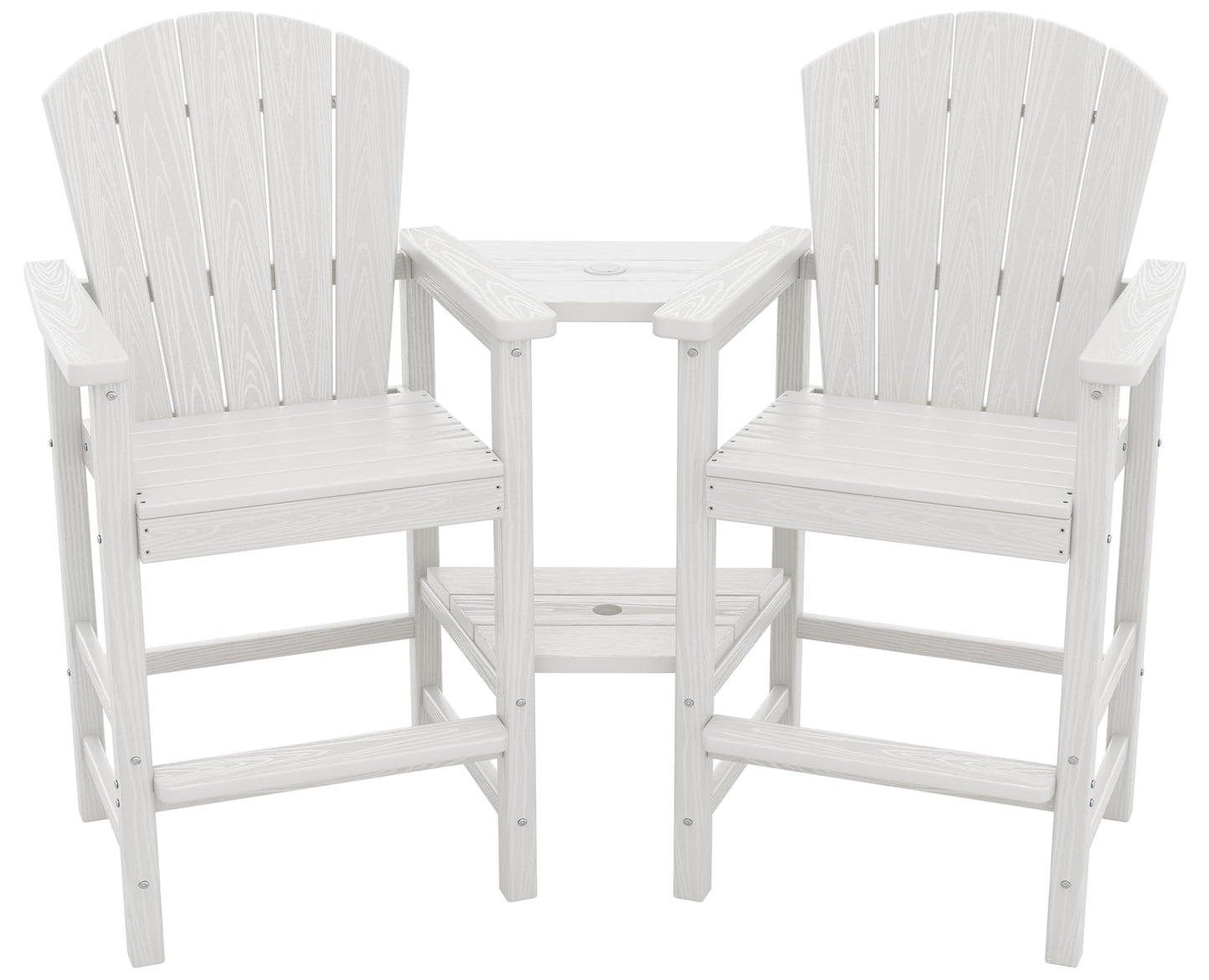 SERWALL Tall Adirondack Chairs Set of 2 with Double Layer Connecting Tray, HDPE Bar Height Outdoor Chairs, Wood-Like Adirondack Bar Stools for Patio, Balcony, Porch, White