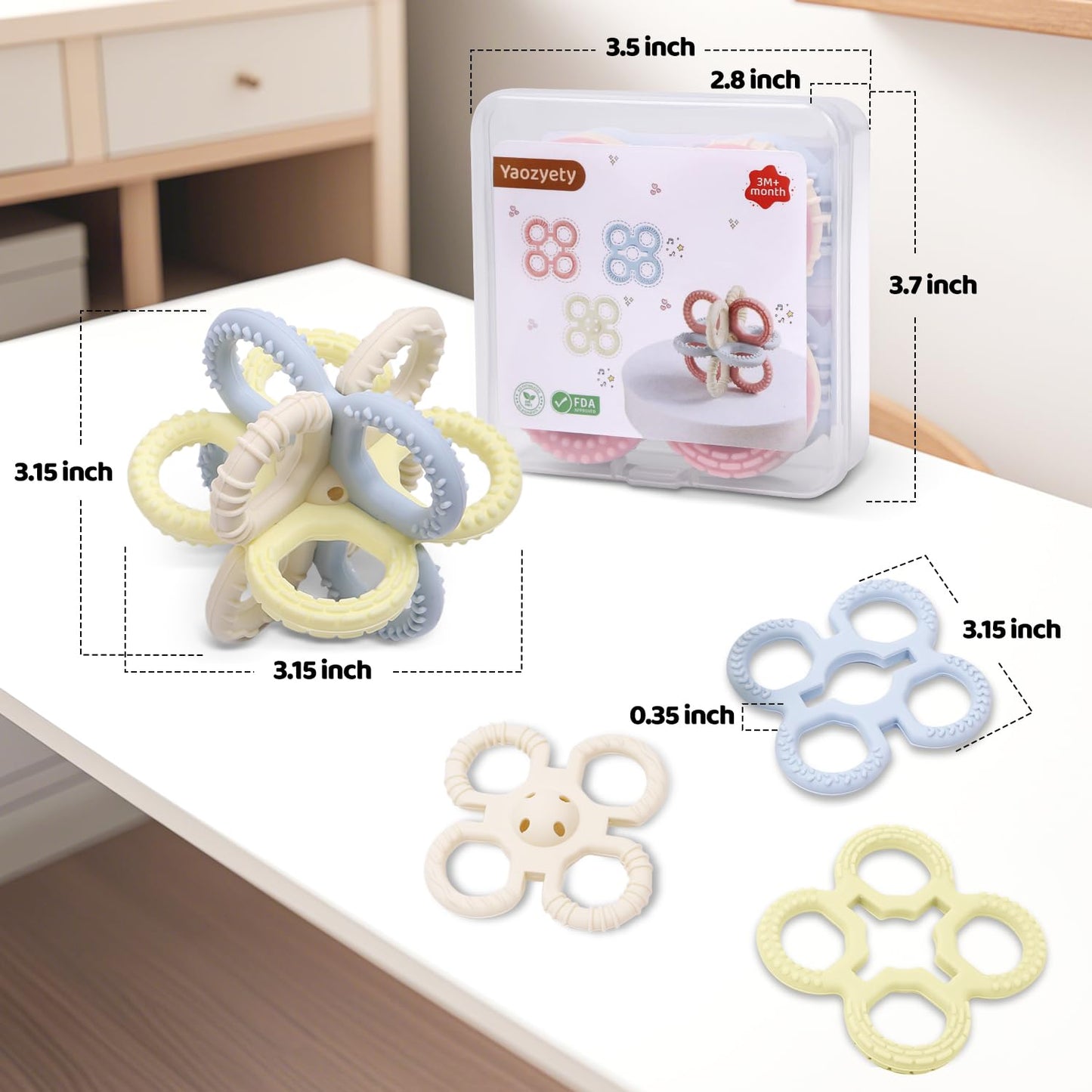 Yaozyety Baby Teething Toys 3 in 1 Silicone Teethers - BPA Free Food Grade Silicone Teething Ring Rattle Toys for Babies 3-6 Months 6-12 Months, Soft & Easy Hold, Baby Chew Toy for Toddlers (Yellow)