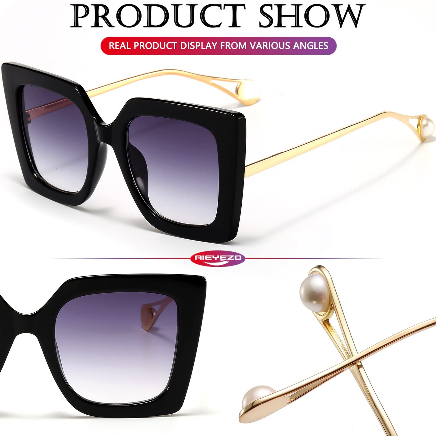 AIEYEZO Fashion Sunglasses for Women Trendy Square Frame Sunglasses UV400 Protection Shades (Black + Flower)