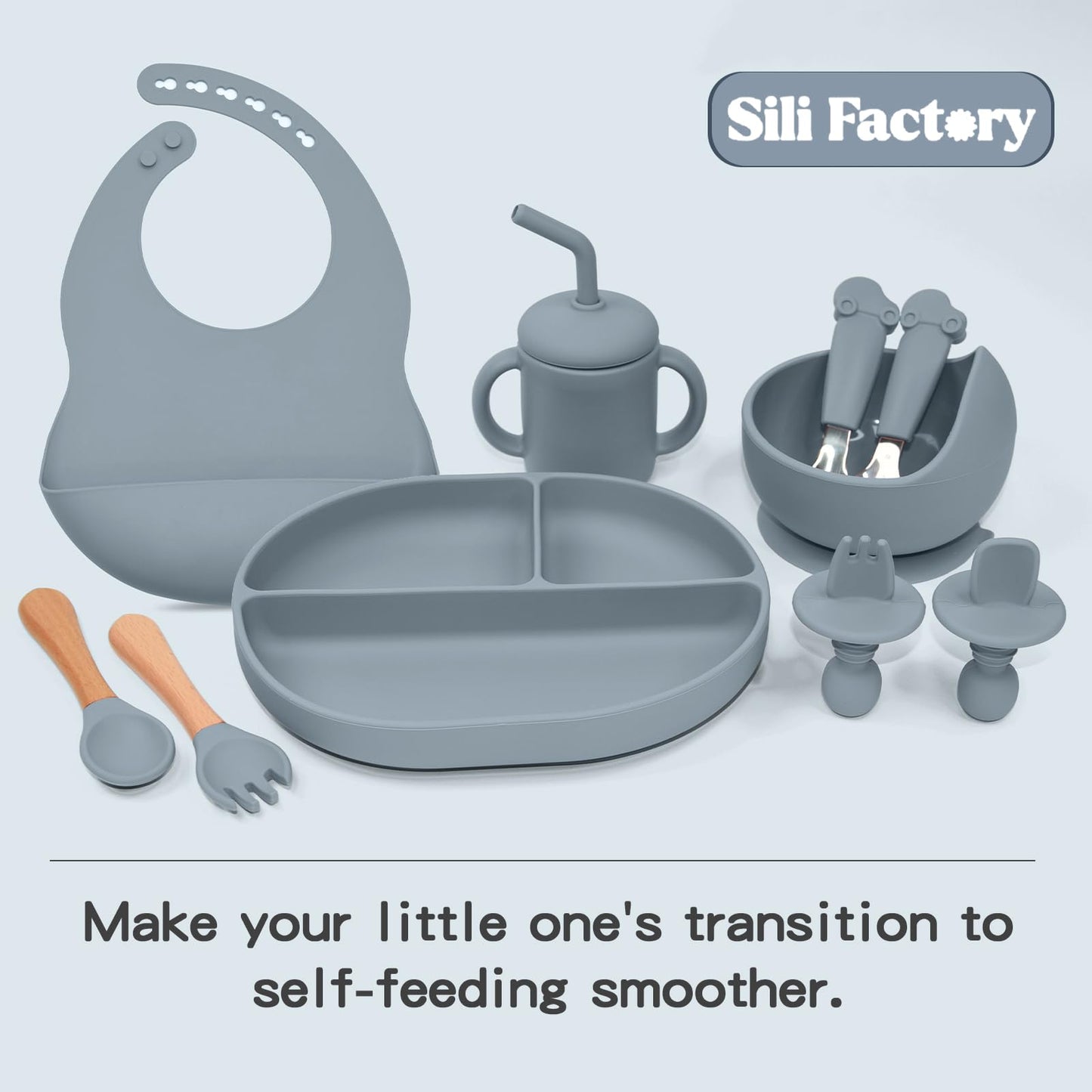 SILI FACTORY Silicone Baby Feeding Set - 10PCS Suction Baby Bowl and Divided Toddler Plates Adjustable Bib Cup Spoons Forks -Baby Led Weaning Supplies, Baby Utensils Eating Essential Set for 6+ Months