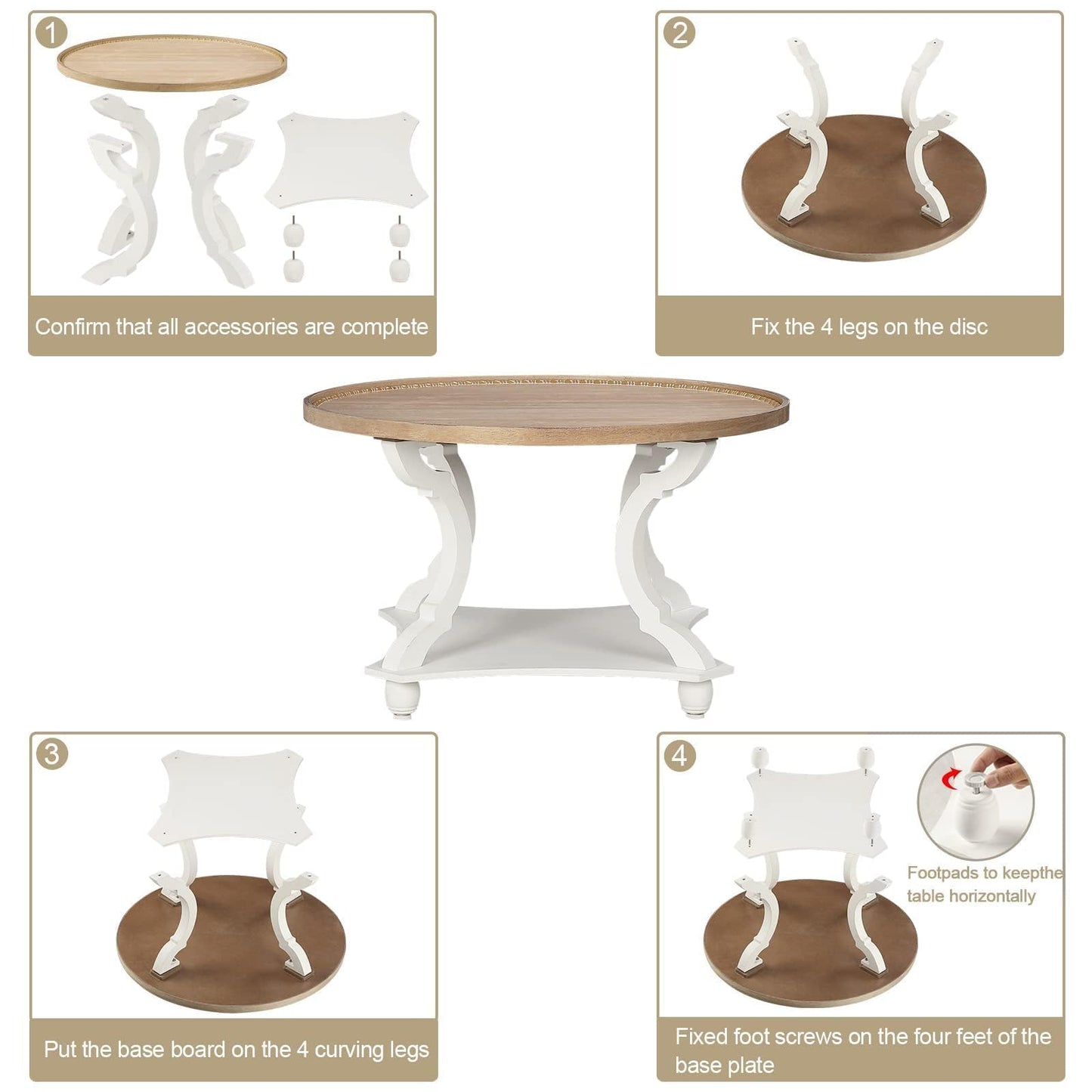 Wnutrees Farmhouse Round Coffee Table, Wood Tray Top Circle Coffee Table with Storage Shelf Rustic Style for Living Room and Vintage Finish, White