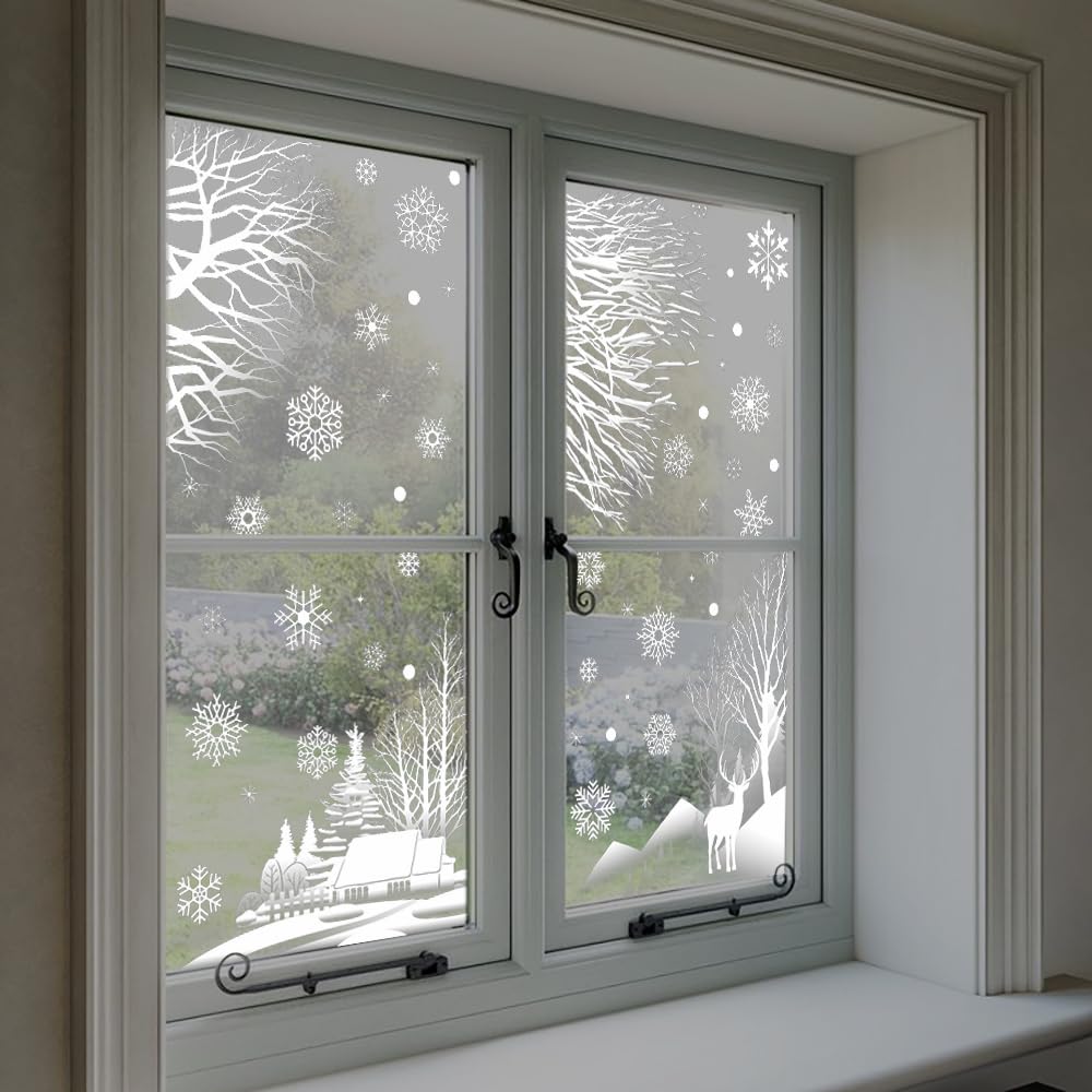 2 Sheets Christmas Window Clings - Xmas Tree Branch, Elk, Snowflake Stickers for Window Decorations, Home Office Party Decor