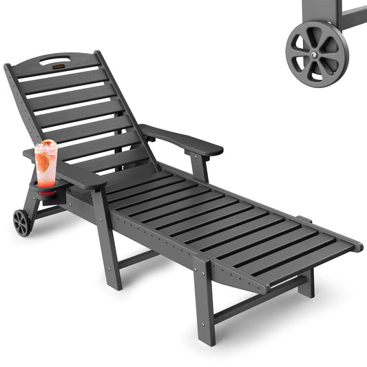 SUUNYN Lounge Chair Outdoor, Chaise Lounge Chair Outdoor, HDPE 6-Position Lounge Chair for Outside, Patio Lounge Chair with Wheels & Cup Holder for Pool Poolside Deck Backyard, Grey