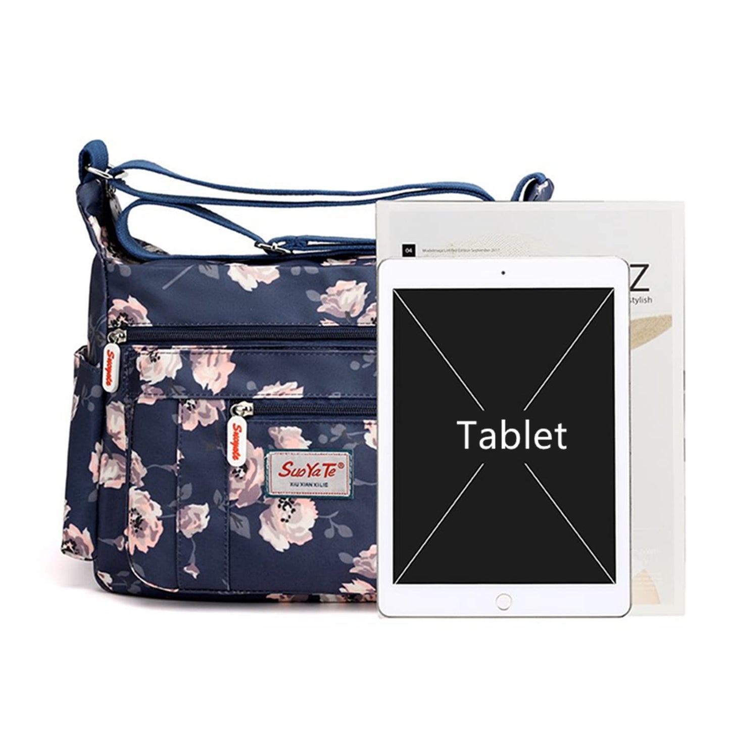 Wafybsre Cross-body Bag Women's Multi Pocket Nylon Messenger Bag Shoulder Bag Lightweight Travel Handbag (Monthly rose)