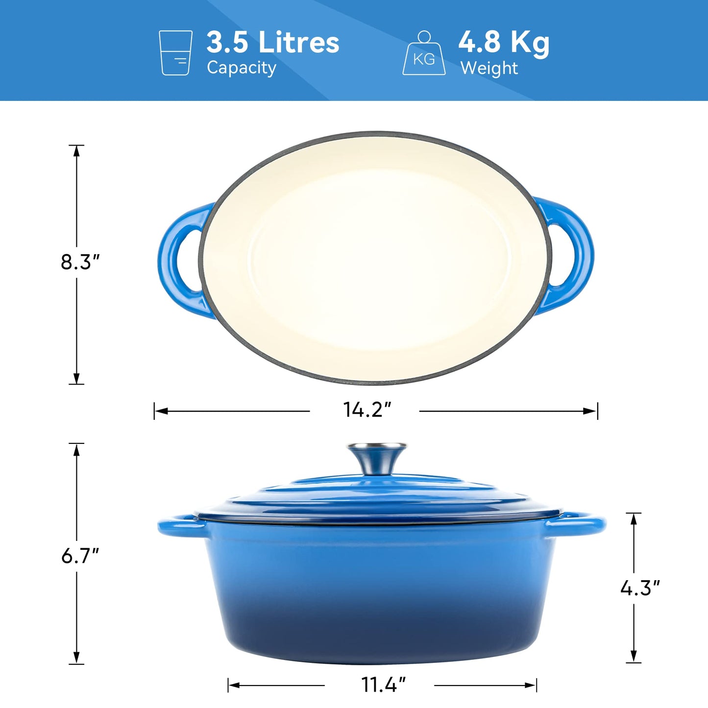 Kerilyn 4.5 Quart Enameled Oval Dutch Oven Pot with Lid and Dual Handles, Cast Iron Dutch Oven for Cooking, Bread Baking, Non-stick Enamel Coated Cookware (Blue)