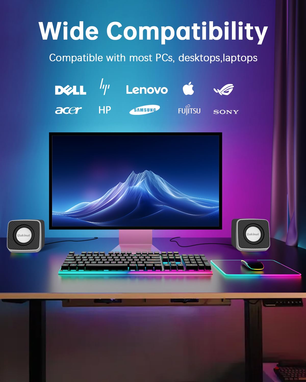 Uakinat PC Speakers 2"–3W Carbon Fiber Computer Speaker for Desktop or Laptop PC,USB C/USB-Powered,Crystal Clear Sound,Rich Bass,Loud Volume,Direct Control,Plug-N-Play,Black-Silver