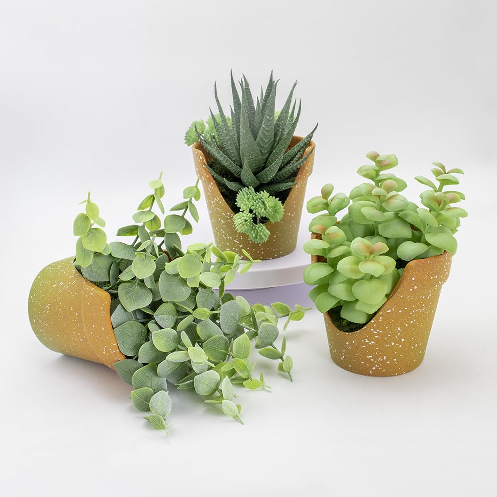 SENCID 3 Pack Small Artificial Succulents - Mini Plastic Pot Desktop Fake Plants for Desks, Bathrooms, Coffee Tables, Offices and Farmhouse Decor (Standing or Flat)