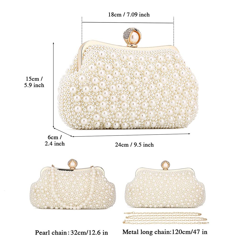 UBORSE Women Pearl Clutch Bead Rhinestone Evening Clutch Bag with removable Pearl Chain Ivory White
