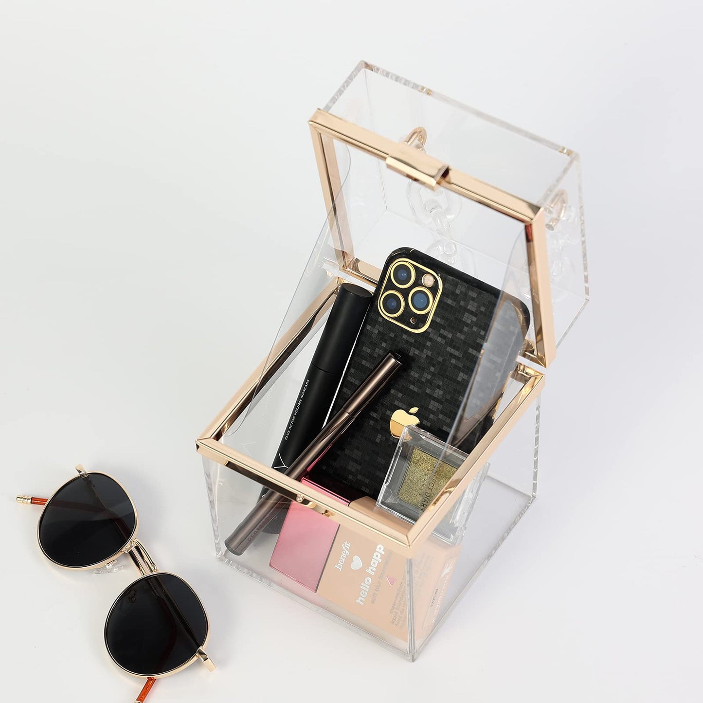 WJCD Cute Clear Acrylic Plastic Neon Hard Frame Party Clutch Purse with Gold Chain Strap (Transparent)