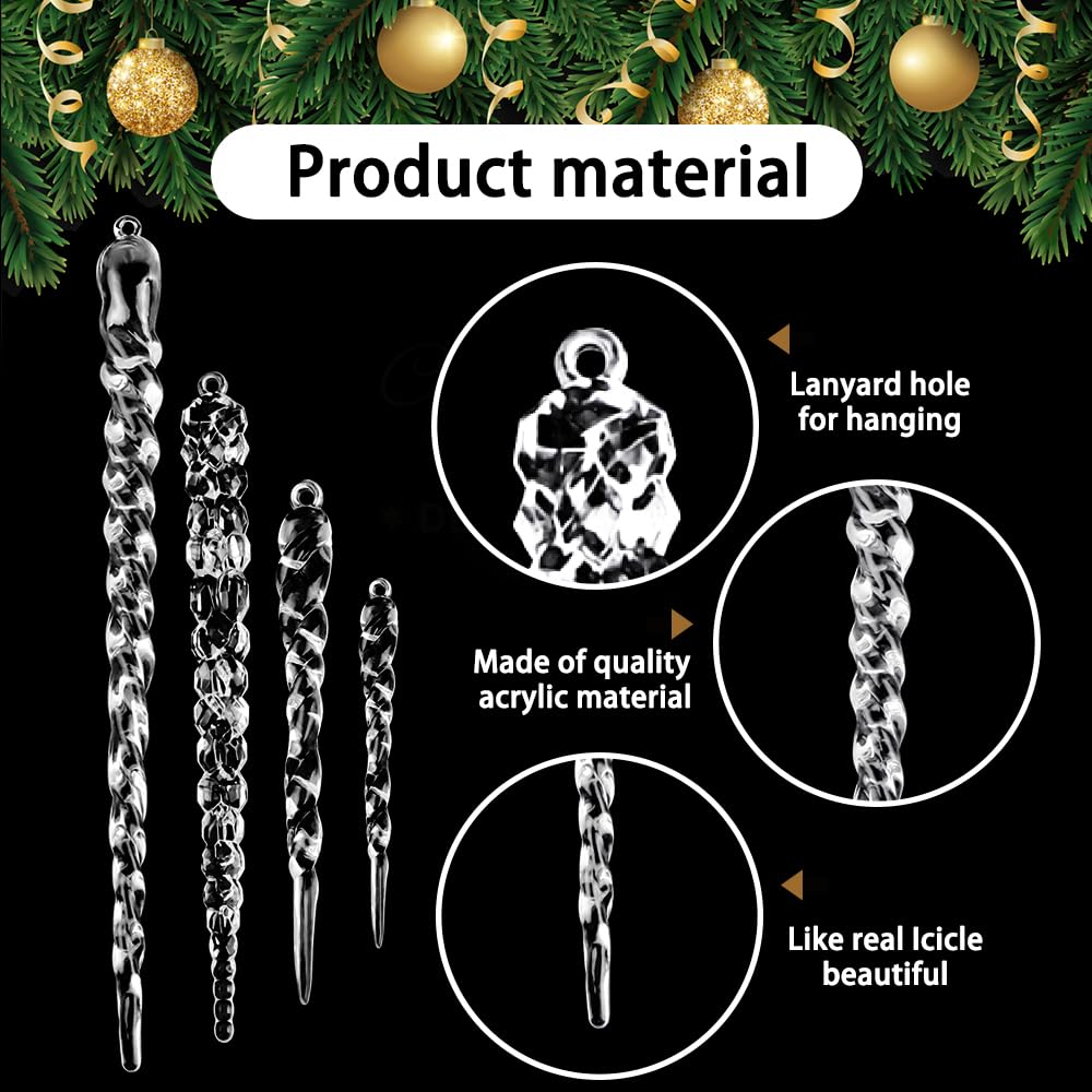 DULEFUN 24pcs Christmas Tree Crystal Decorations 4 Styles Clear Acrylic Xmas Tree Icicle Hanging Ornaments for Christmas New Year Holiday Wedding Winter Party Decor