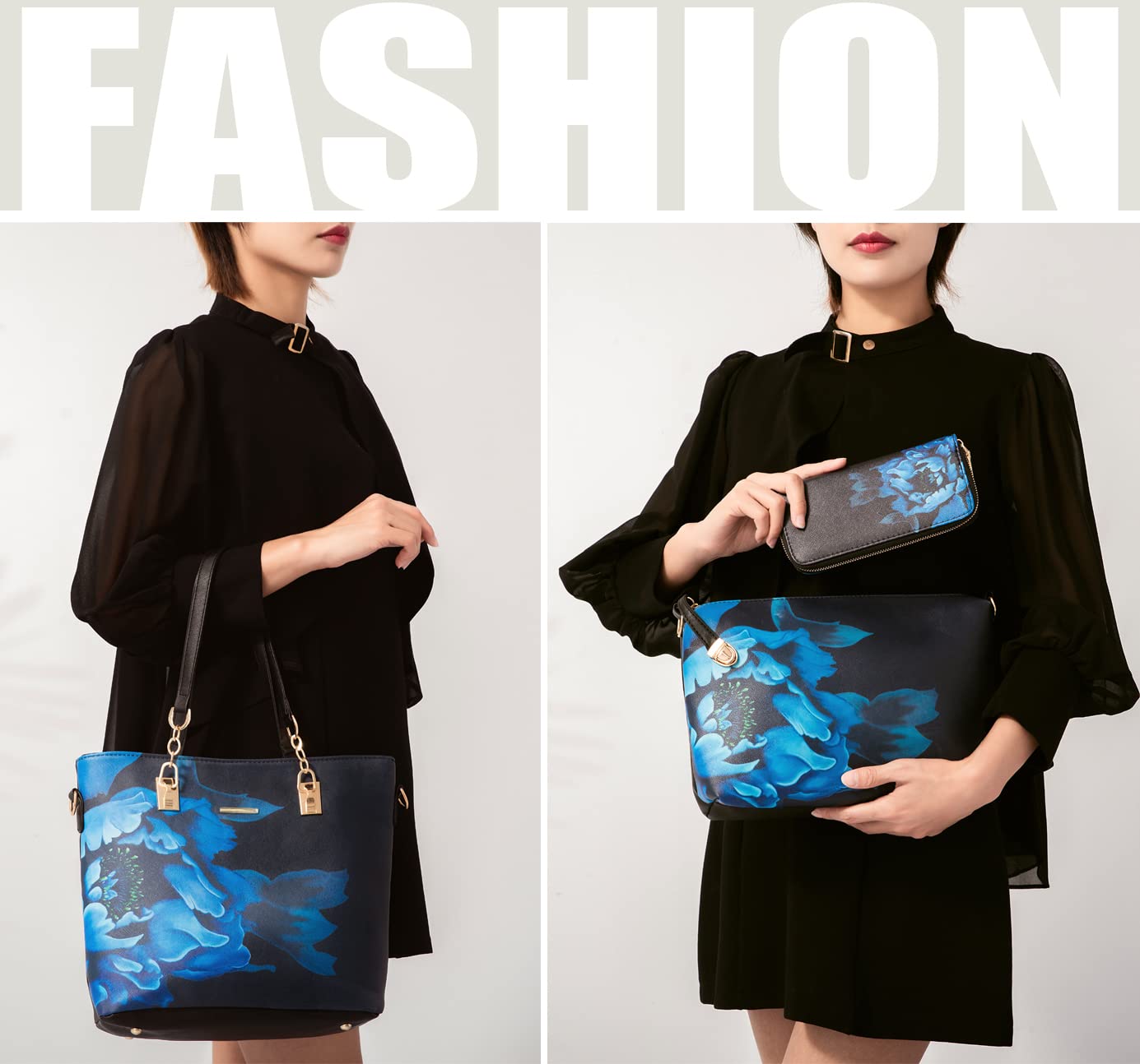 2E-youth Women Designer Purses And Handbags Set Satchel Shoulder Bags Tote Bags 6pcs Wallets (black&blue)