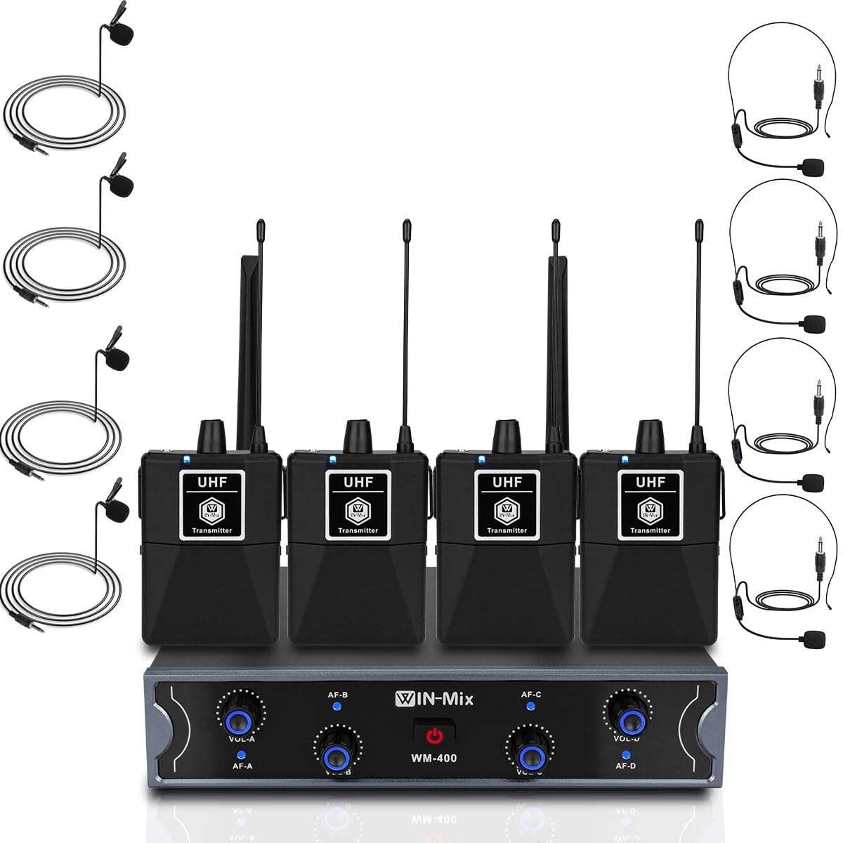 W IN-MIX Wireless Microphone System - Professional 4 UHF Mic Set with Fixed Frequency, 260ft Long Range, Crystal Clear Sound for Singing, Karaoke, Church, Includes 4 Bodypack Mics