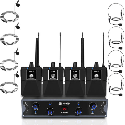 W IN-MIX Wireless Microphone System - Professional 4 UHF Mic Set with Fixed Frequency, 260ft Long Range, Crystal Clear Sound for Singing, Karaoke, Church, Includes 4 Bodypack Mics