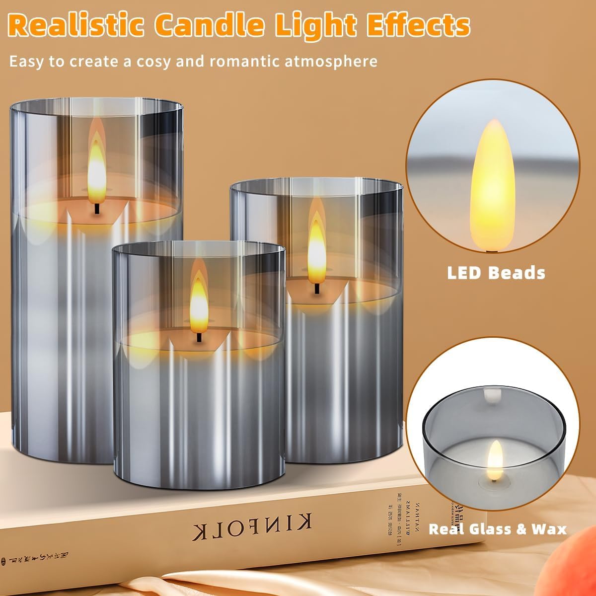 Gray Glass Flameless Candles Flickering with Remote, Timer, Battery Operated Moving Wick Realistic Warm Light Real Wax LED Candles for Party, Wedding, Festival Tabletop Decoration - Set of 3
