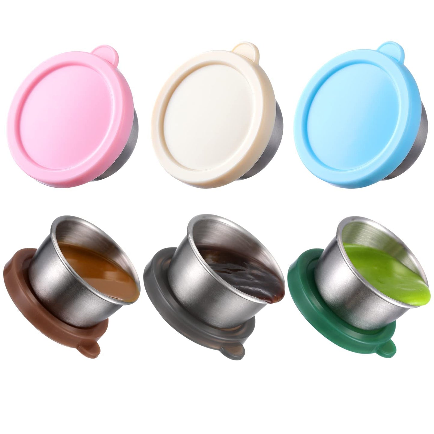 Salad Dressing Container To Go, 6x1.6 oz Small Containers with Lids Stainless Steel Sauce Containers, Fits in Bento Box for Lunch, Premium Silicone, Leak Proof, Easy Open Reusable Condiment Cups