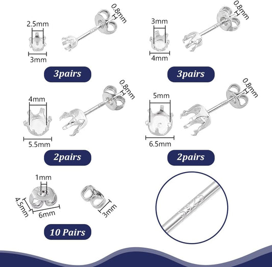 PH PandaHall 10 Pairs 5 Styles 925 Sterling Silver Ear Studs Post Studs 6-Claw Earring Blanks Prong Earring Settings Jewellery Blanks for Gemstones Stud Earring Making Supplies DIY Crafts