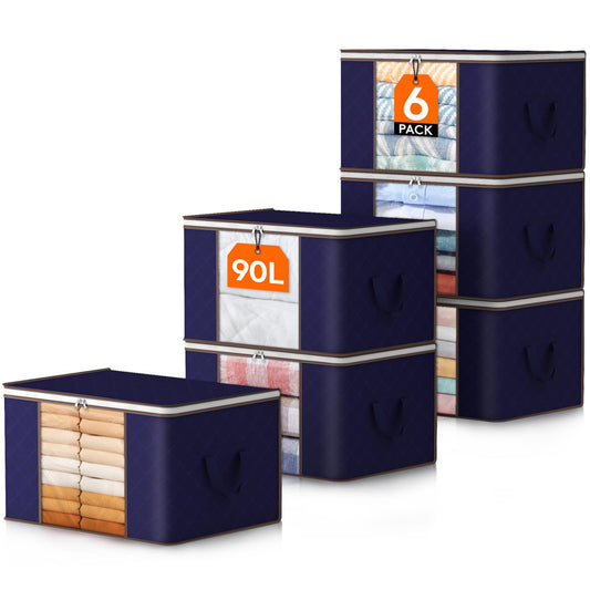 Lifewit 90L Large Storage Bags, 6 Pack Closet Organizers and Storage, Clothes Storage Bins with Lids, Foldable Storage Containers with Reinforced Handles for Clothing, Blanket, Bedding, Comforter Blue