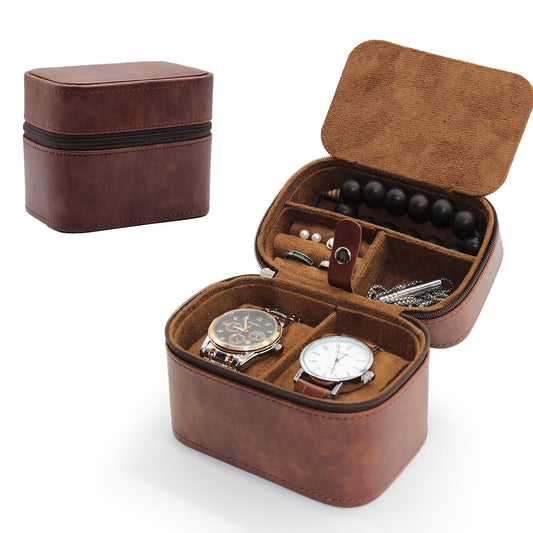 TrickBox Watch Travel Case 2 Slots, Portable Watch Box Holder for Men and Women, Jewelry Box Organizer Storage, Fathers Day Present for Dad, Brown PU Leather