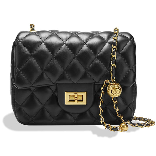 DOTBABY Diamond Chain Shoulder Crossbody Bag, Fashionable Women's Leather Tote Handbag, Adjustable Straps,Buckle Opening Bag (Black)