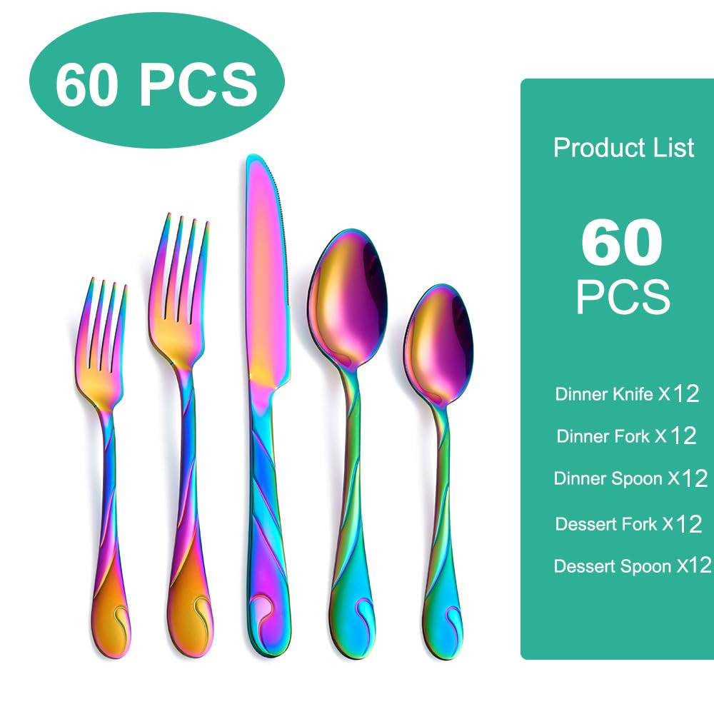 Seeshine Rainbow Silverware Set for 12, 60-Piece Stainless Steel Flatware Set, Shiny Rainbow Metal Cutlery Set, Include Fork, Knife and Spoon Set, Dishwasher Safe