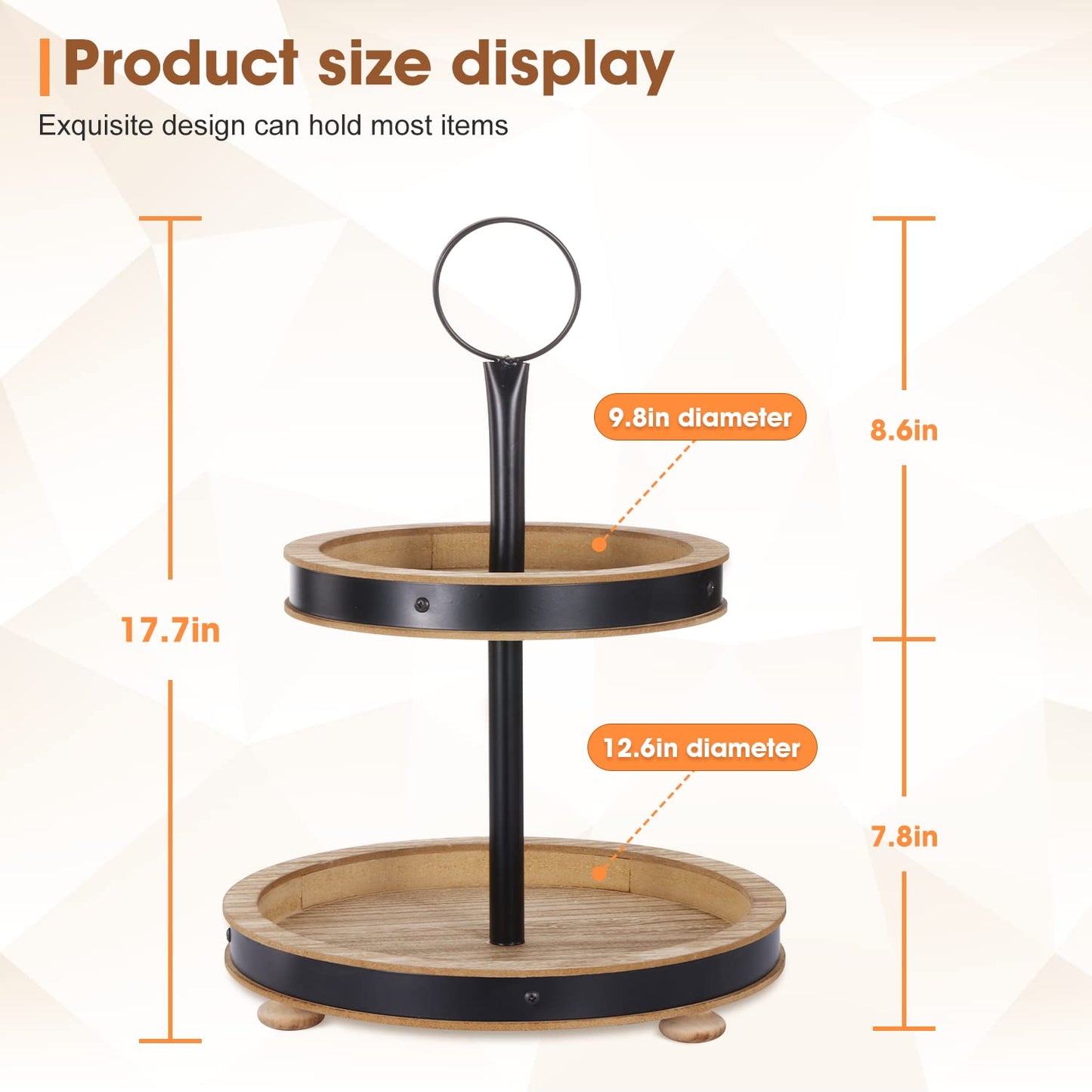 Urban Deco Wood Tiered Tray - 2-Tiered Farmhouse Serving Tray with Metal Handle for Kitchen Counter or Living Room Table