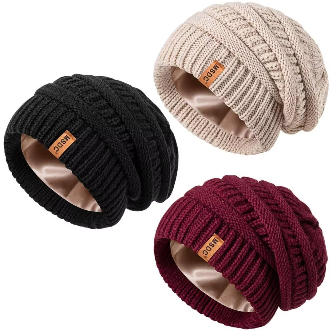 3 Pack Satin Lined Beanie for Women, Warm Slouchy Winter Hats with Silk Lined, Fashionable Oversized Cable Knit Hat Skull Cap