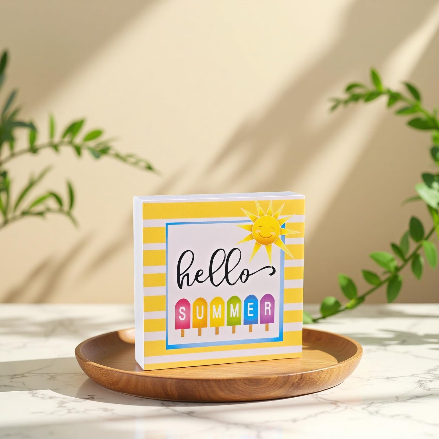 Summer Decor Summer Decorations for Home Hello Sunshine Popsicle Wood Box Sign Rustic Wooden Shelf Desk Decor Season House Warming Gifts 5.9 x 5.9 Inch