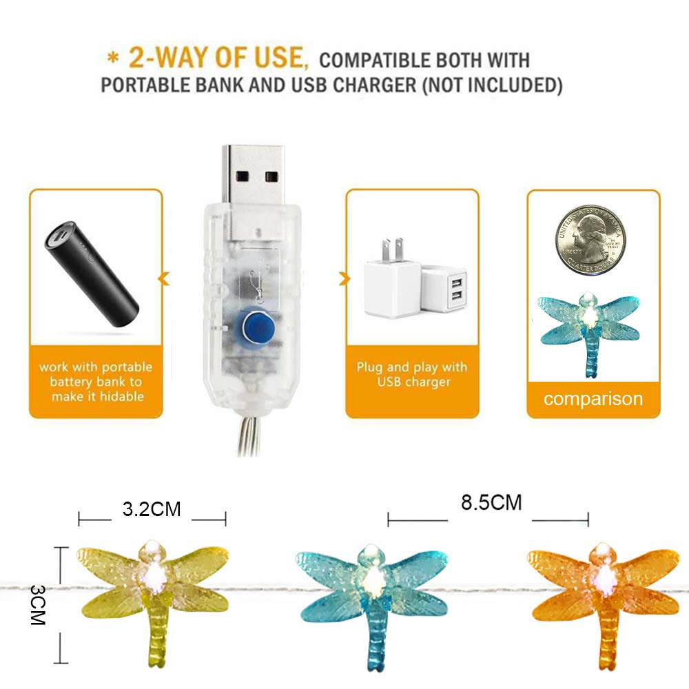 WSgift Dragonfly Decorative String Lights, 18.7 Ft 40 LED USB Plug-in Copper Wire Dragonfly Fairy Lights for Various Decoration Projects (Warm White, Remote Control with Timer)