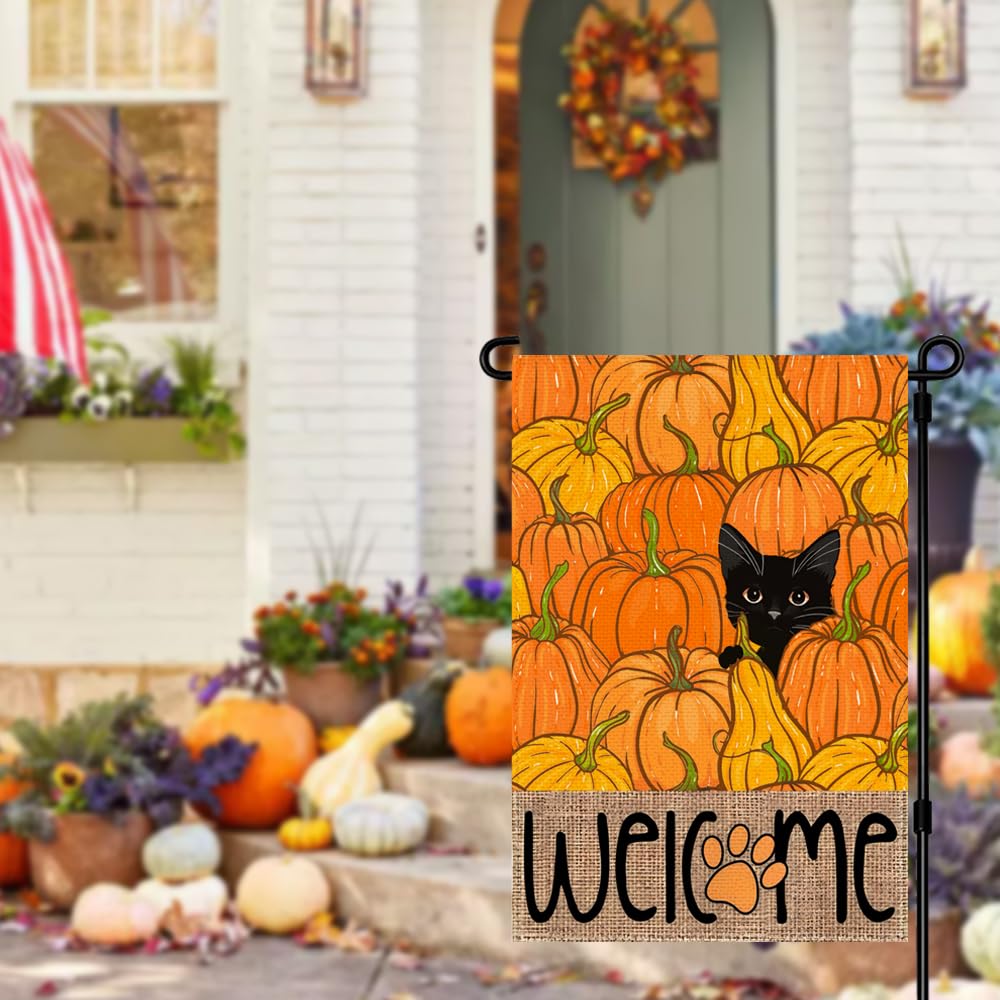 RABUSOFA Fall Garden Flag Double Sided Outside,Black Cat Pumpkins Autumn Welcome Seasonal Thanksgiving Holiday Yard Outdoor Flag