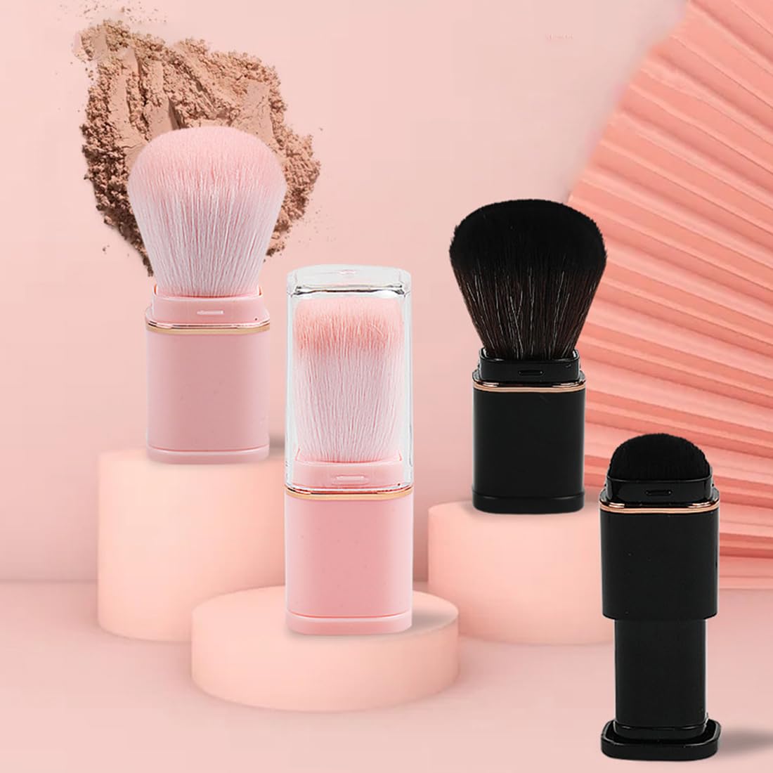 Reazana Retractable Kabuki Brushes 2pcs Powder Foundation Brush Contour Blush Bronzer Face Blender Brush Liquid Cream Mineral Buffing Blending Makeup Brushes Thick Dense Soft Synthetic Fibers (Pink)