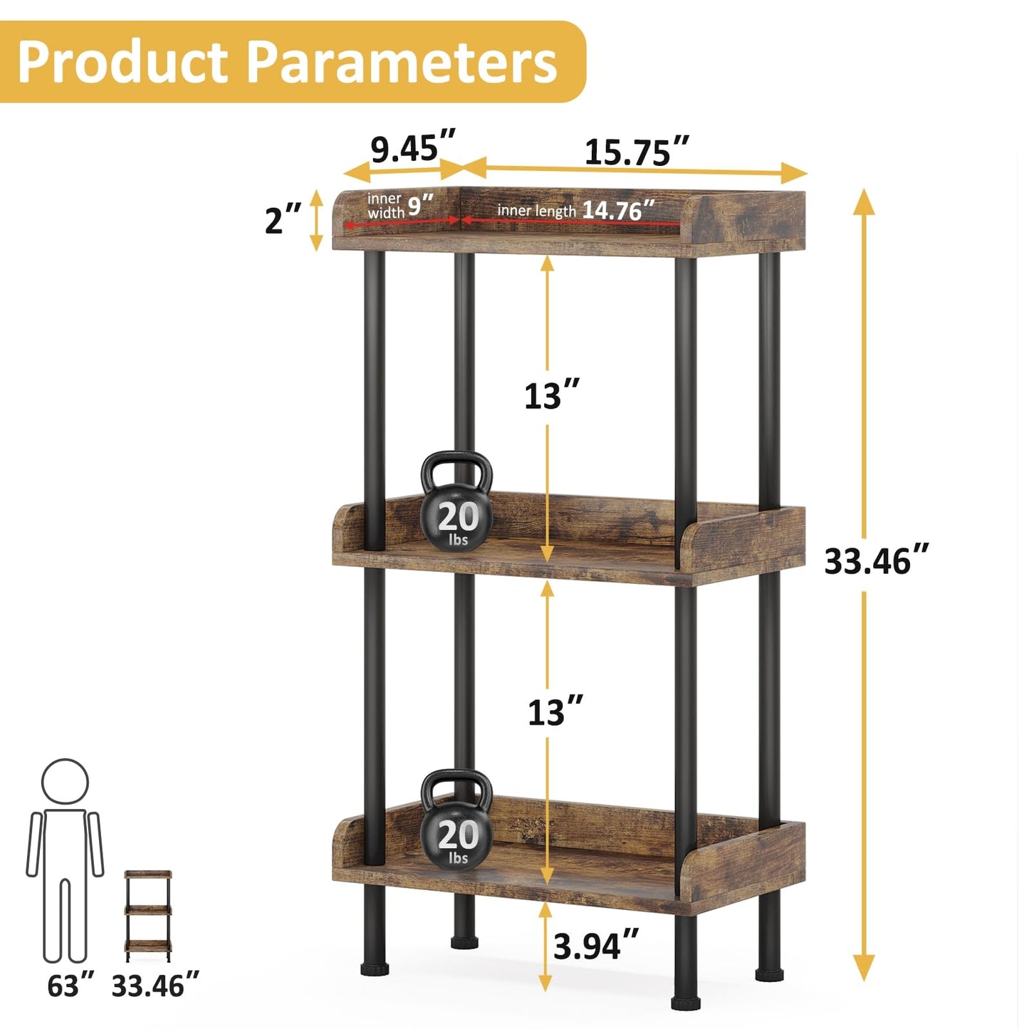 Hosfais Bookshelf Small Book Shelf, 3 Tier Wood Bookcase Industrial Bookshelf Metal Standing Book Shelves Display Book Rack for Living Room Bedroom Home Office (Rustic Brown)