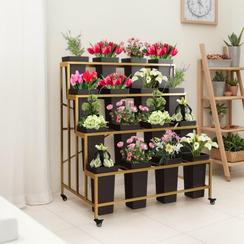 OMKUOSYA 4 Tier Flower Display Stand, Indoor And Outdoor Metal Flower Stand With Wheels, Plant Stand With 16pcs Buckets For Florist Garden Patio(Gold rack and black barrel)