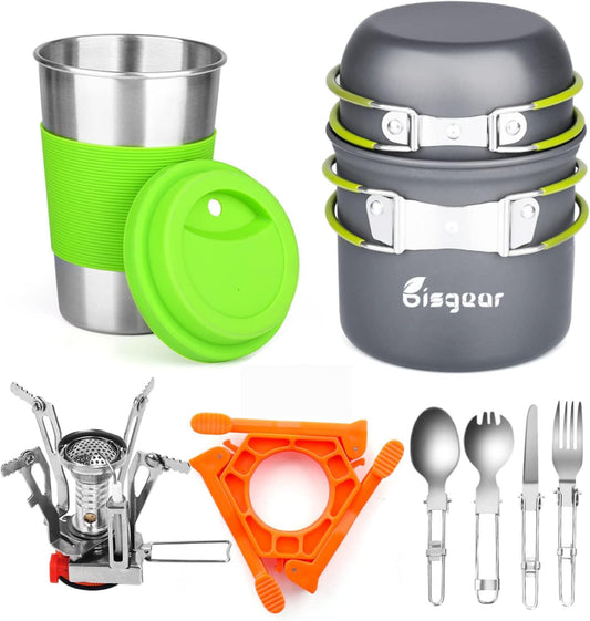 Bisgear Portable Backpacking Stove Canister Stand Tripod Stainless Steel Cup Flatware Mess Kit - Cooking Set - Camping Gear