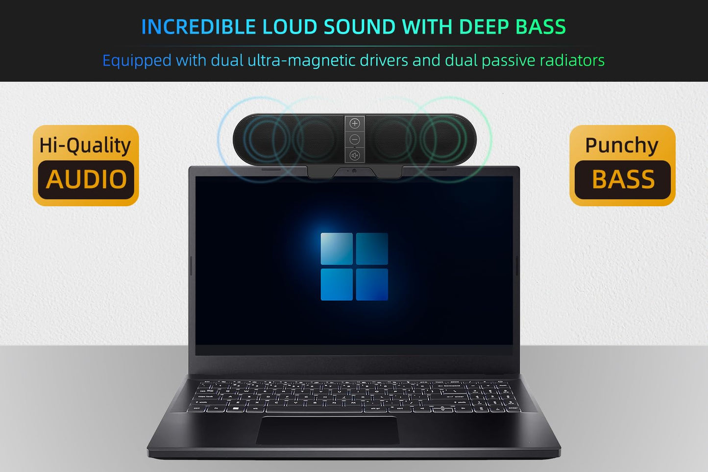 Computer Speakers for Desktop PC Monitor, USB Plug-in, Wired, Computer Soundbar for PC, Laptop Speakers with Adaptive-Channel-Switching, Loud Sound, Deep Bass, USB C Adapter, Easy to Clip on Monitor