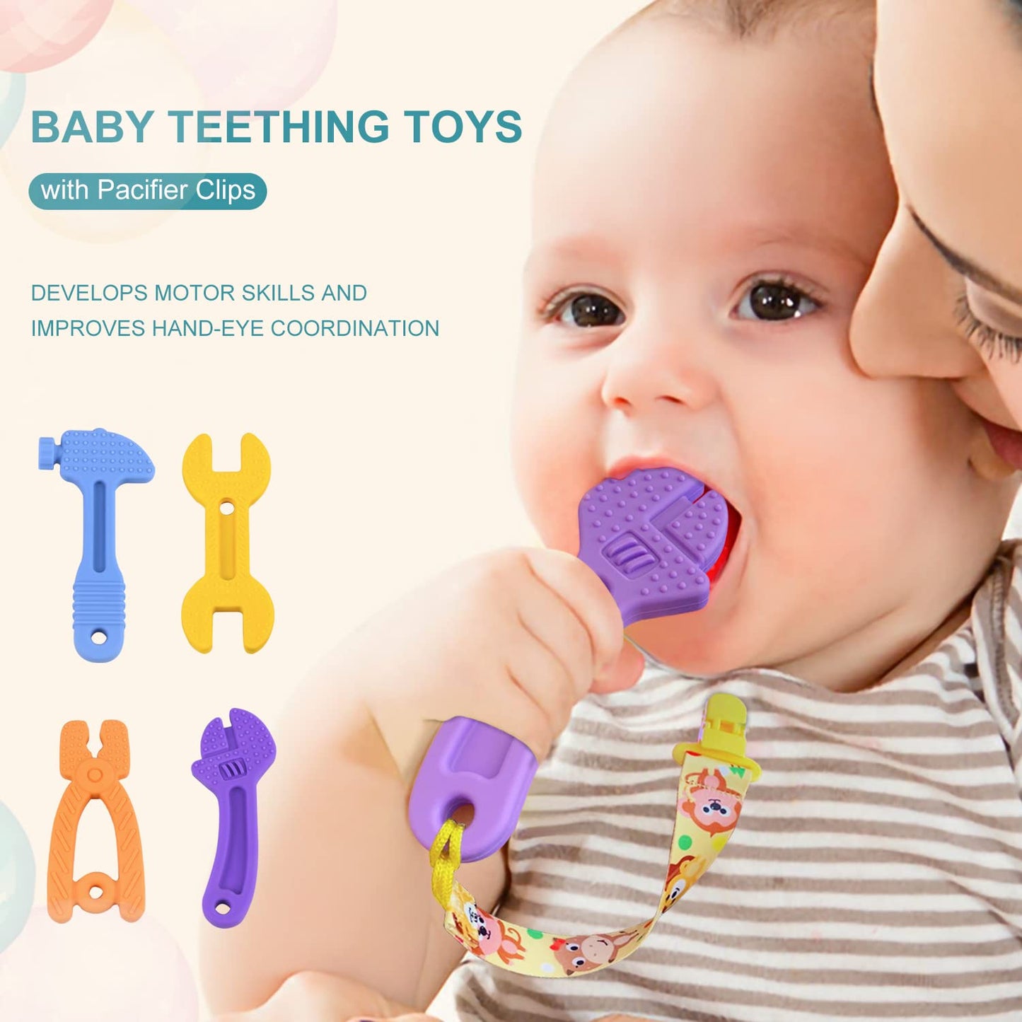 Teething Toys for Babies 3-6 Months 6-12 Months, Baby Teething Toys, Silicone Baby Teether Toys, Baby Chew Toys, Molar Teether, Hammer Wrench Spanner Pliers Shape Teething Toys for Boys Girls