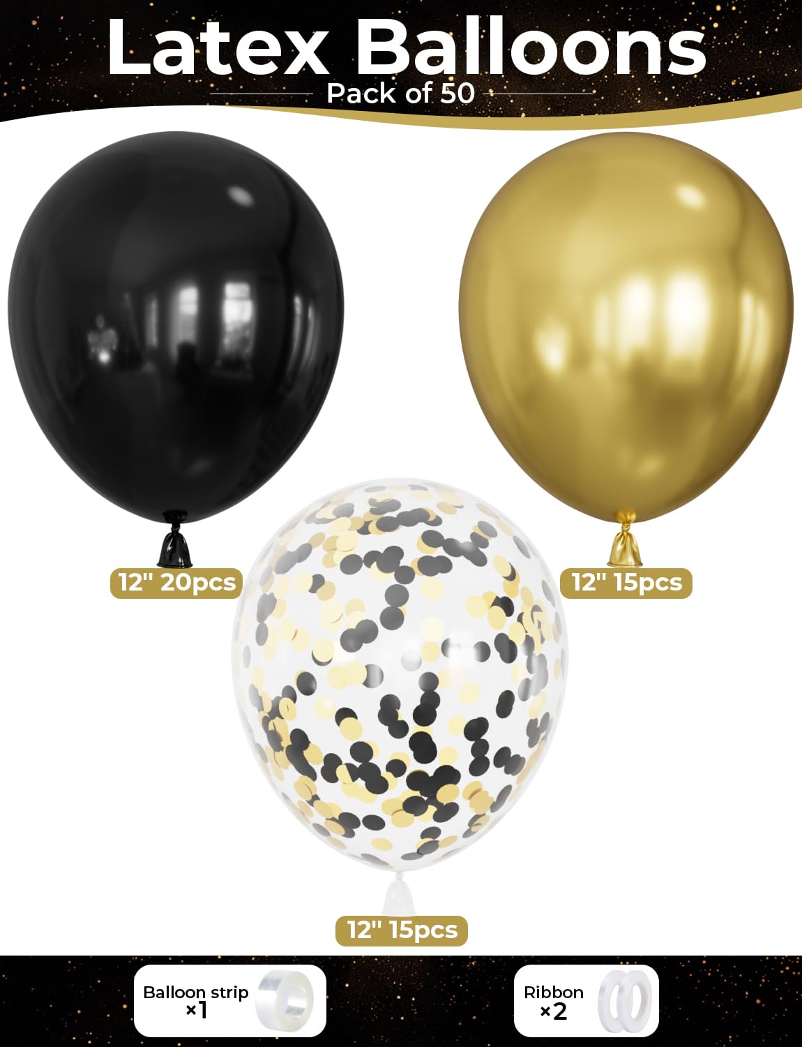 Adeyoo Black and Gold Balloons - 50PCS 12 Inch Metallic Gold Balloons Confetti Balloon Thickened Latex Balloon for Birthday Retirement Anniversary Wedding Party Decorations Supplies